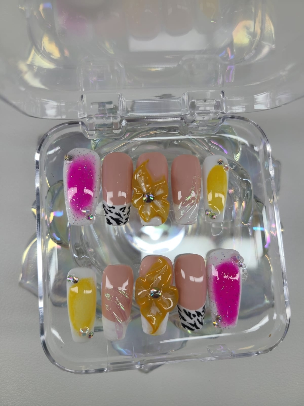 Size-Medium-Handmade Pink, Yellow & Nude Floral Zebra Press-On Nails